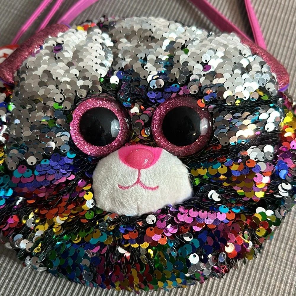 💚5 TY Fashion Flip Sequin Cat Purse Silver/Rainbow/Pink Strap- Zipper Beanie